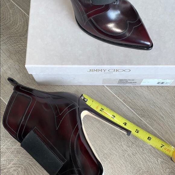 JIMMY CHOO Mazzy 110 Bordeaux Black Shiny Leather Booties Heels - Picture 8 of 8
